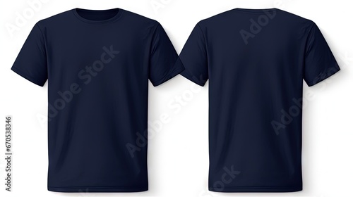 navy blue T-shirt template with nothing neat, mockup for design and print. T-shirtT-shirt front and back view isolated on white background photo
