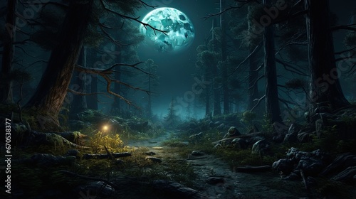 Bright full moon in dark fairy tale forest as wallpaper design background