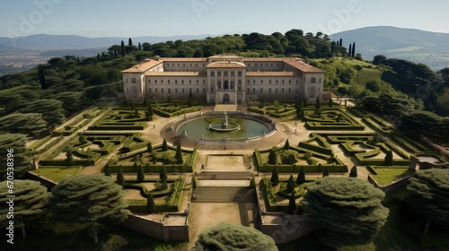 Aerial view of Villa Farnese and its gardens located in Caprarola, near Viterbo, Italy. It is a pentagonal palace in the Renaissance and Mannerist style. The building is empty. photo