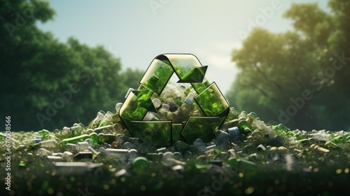 Recycle reuse symbol plastic bottle food plastic packaging glass bottle paper electronic waste aluminum crushed can recycling process zero waste reduce ecology environment concept. 3d rendering. photo