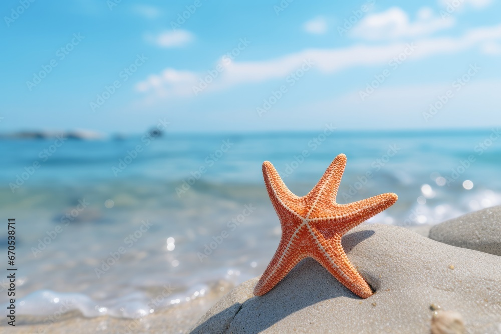 Close-up of a starfish on the shore with the wave of the sea