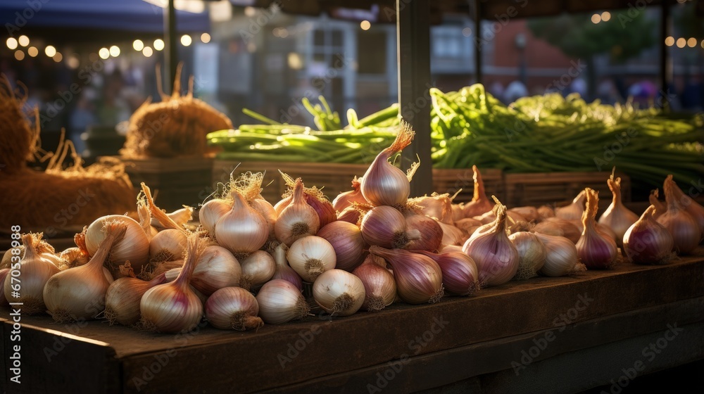 Appetizing onions on the counter of a farmer's outdoor market Appetizing onions on the counter of a farmer's outdoor market