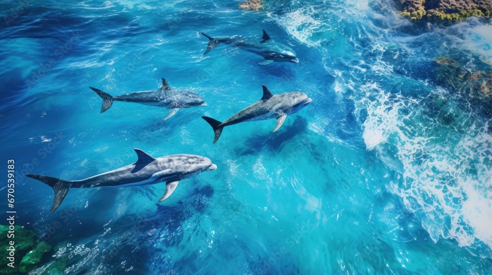 Obraz premium Aerial view of dolphins swimming through tropical blue water