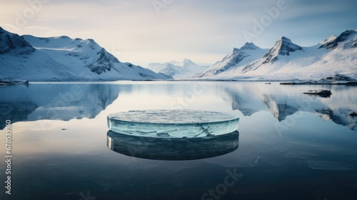 empty round table ice rock blurred lake ice berg photo