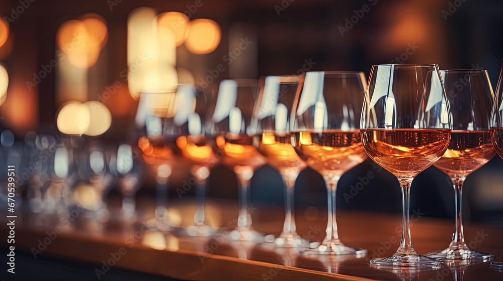 Hospitality concept, Banquet and catering party, Soft selective focus of shining wine glass, Row of glasses in the line on the counter bar with warm light, Food and beverage background.
