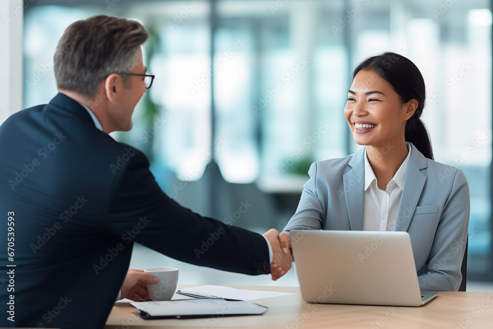 Woman accepting business deal, handshake with client and colleague Woman accepting business deal, handshake with client and colleague