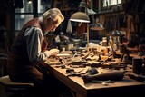 At the shoe repair shop, a skilled craftsman is carefully handcrafting men's shoes with meticulous attention to detail