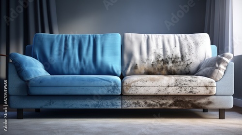 Dirty and clean sofa before and after dry cleaning in room. Blue soft sofa dirt stains. Sofa straight view, dirty half and clean half. Concept for a cleaner, cleaning company, 3d illustration photo