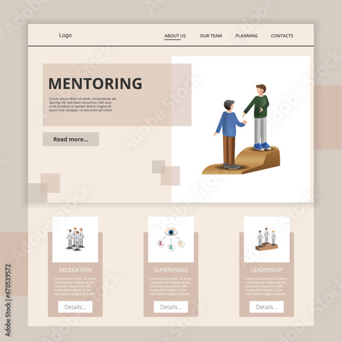 Mentoring flat landing page website template. Delegation, supervising, leadership. Web banner with header, content and footer. Vector illustration.