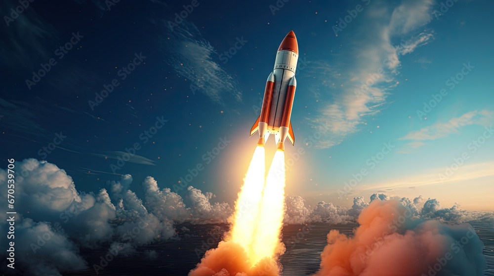 Fototapeta premium Spaceship rocket lunch 3d rendered illustration. Business startup and new project start concept. Rocket flying in space. 3D Illustration