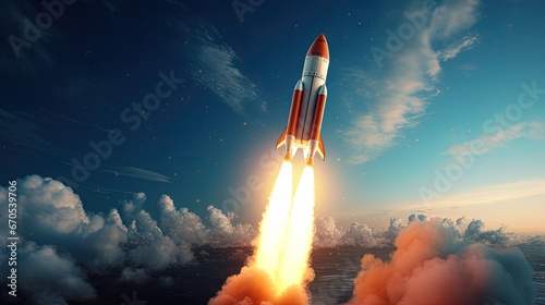 Spaceship rocket lunch 3d rendered illustration. Business startup and new project start concept. Rocket flying in space. 3D Illustration