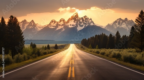 Fotografia An open road leads to the Grand Teton's mountain range, rising in the distance beyond a thick pine forest