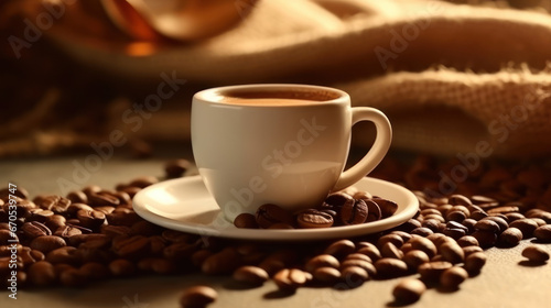 Beige cup of coffee, coffee beans around, beige background © KhWutthiphong