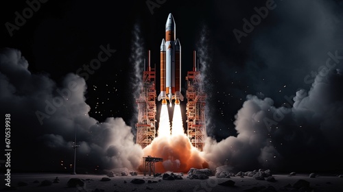 Launching rocket model taking off against black background. Concept of project launching in business. 3d rendering, mock up