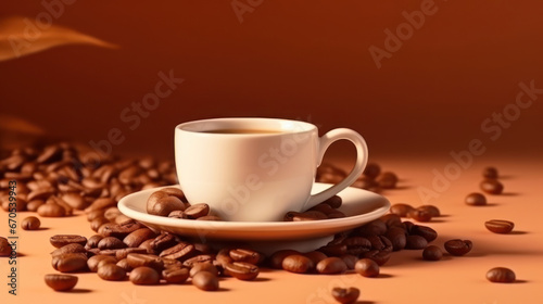 Beige cup of coffee, coffee beans around, beige background