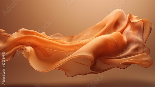 Fabric fly 3d illustration. Ginger cloth abstract scarf in the air. Elegant fashion background. photo