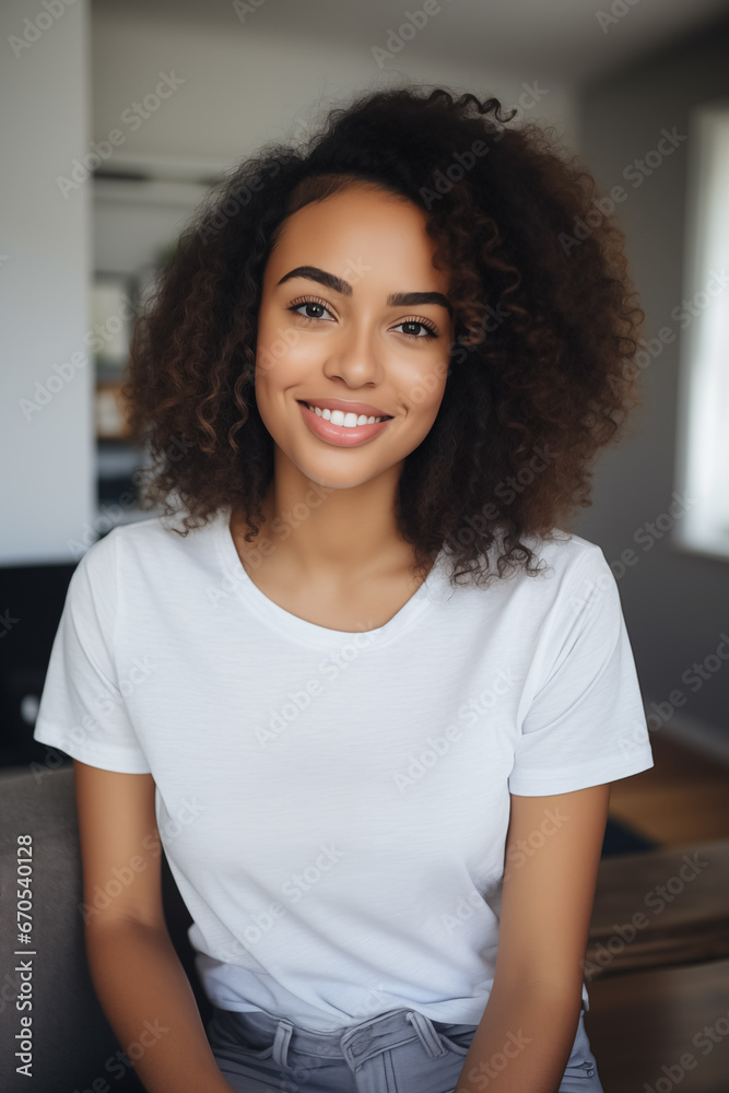 Selfie afroamerican young woman casual clothing, smile relax friendly, wearing simple clean withe t-shirt Selfie afroamerican young woman casual clothing, smile relax friendly, wearing simple clean withe t-shirt