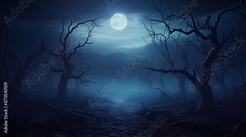 Happy Halloween holiday background with copy space. Dark landscape with creepy trees and moon. Fairytalle forest with fog. Ominous sky on Halloween night. © HN Works