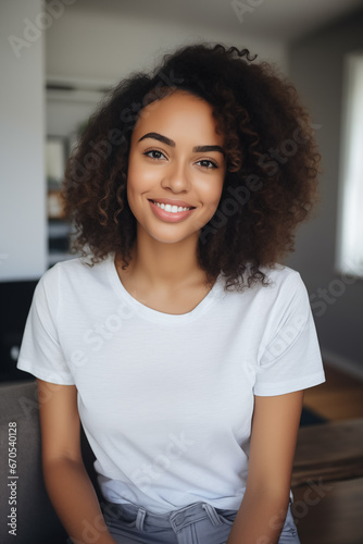Selfie afroamerican young woman casual clothing, smile relax friendly, wearing simple clean withe t-shirt