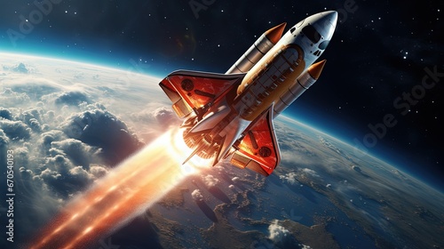 Spaceship rocket lunch 3d rendered illustration. Business startup and new project start concept. Rocket flying in space. 3D Illustration