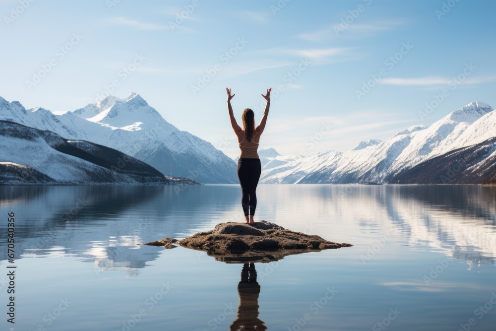 Woman in yoga pose on a lake overlooking a nice landscape. New Year resolutions. Woman in yoga pose on a lake overlooking a nice landscape. New Year resolutions.