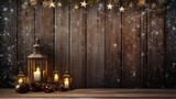 Christmas scene with lantern and hanging ornaments, wood background and snow, the burning candle and the brown planks create a cozy warm mood