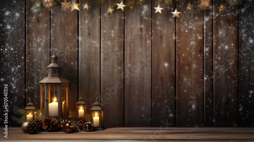 Christmas scene with lantern and hanging ornaments, wood background and snow, the burning candle and the brown planks create a cozy warm mood photo