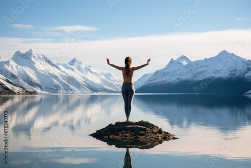 Woman in yoga pose on a lake overlooking a nice landscape. New Year resolutions. © Vanesa Flores