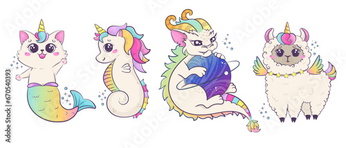 Set of fabulous rainbow animals alpaca, llama, cat, mermaid, dragon and seahorse. Fantastic kawaii characters isolated on white background