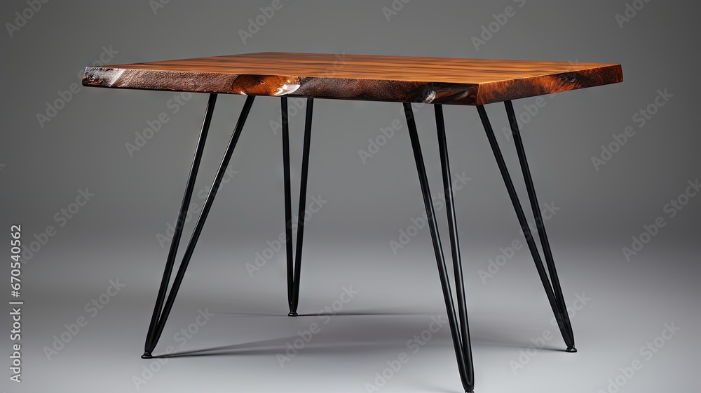 wooden lacquered table with black metal legs on white background standing at an angle of 45 degrees - obrazy, fototapety, plakaty 