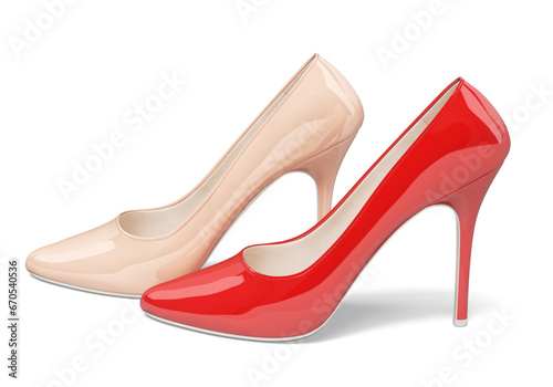 Elegant women's high-heeled shoes. Patent leather. Beige and red colors. Isolated on white background