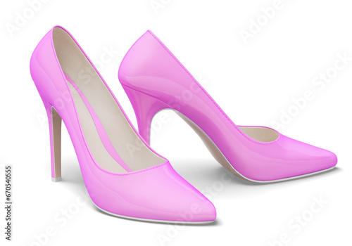 Elegant women's high-heeled shoes. Patent leather. Pink color. 3d illustration. Isolated on white background