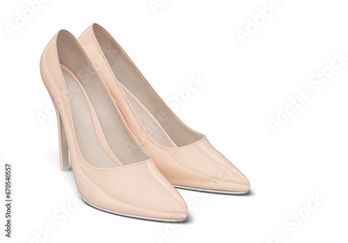 Elegant women's high-heeled shoes. Patent leather. Beige color. 3d illustration. Isolated on white background