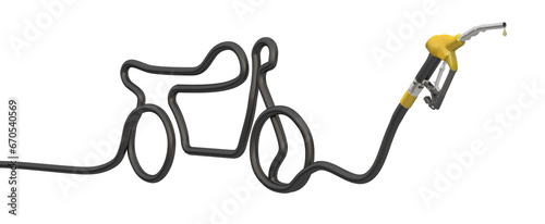Illustration of a schematic motorcycle shape formed by a gasoline hose and nozzle on a white background, suitable for themes such as fuel, transportation, and motorcycling. 3D Illustration.