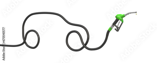Fuel hose and metering nozzle from the gas pump on a white background. The hose is shaped like a car. The idea of the fuel industry and how it relates to the automotive industry. 3D Illustration.
