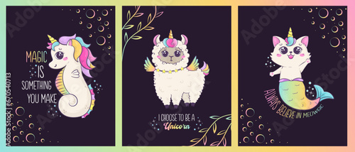 set of cards with rainbow kawaii animals and magical slogans. Postcards, posters for decorating children's and children's parties