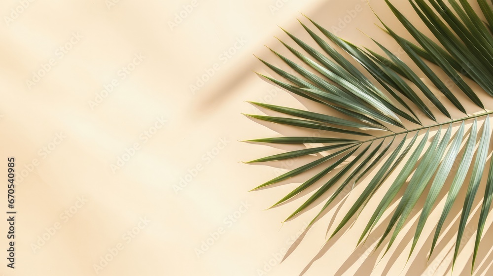 Fototapeta premium Top view of green tropical leaf shadow on sand color background. Flat lay. Minimal summer concept with palm tree leaf. Creative copyspace.