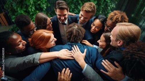 A team of colleagues hugging each other