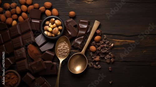 Handmade chocolate with hazelnuts, dark chocolate pieces, cocoa in a vintage spoon, chocolate truffles on a dark wooden background top view. Chocolate variety concept.