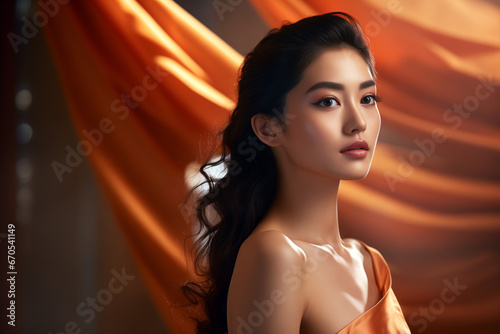 asian modell wearing silk dress on naked skin. Beautiful woman for skincare or fashion advertising campaign
