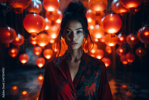 beautiful asian woman with black hair in front of atmospheric orange asian lanterns.
