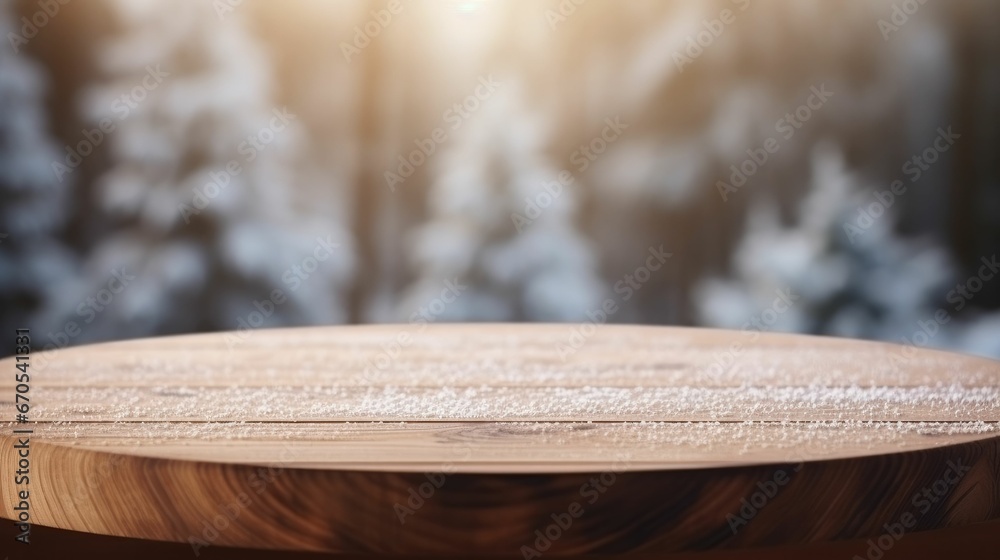 empty wooden round table , blurred winter background 