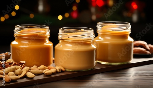 Glass jars with peanut butter on table background, a jar of peanut butter, generative AI