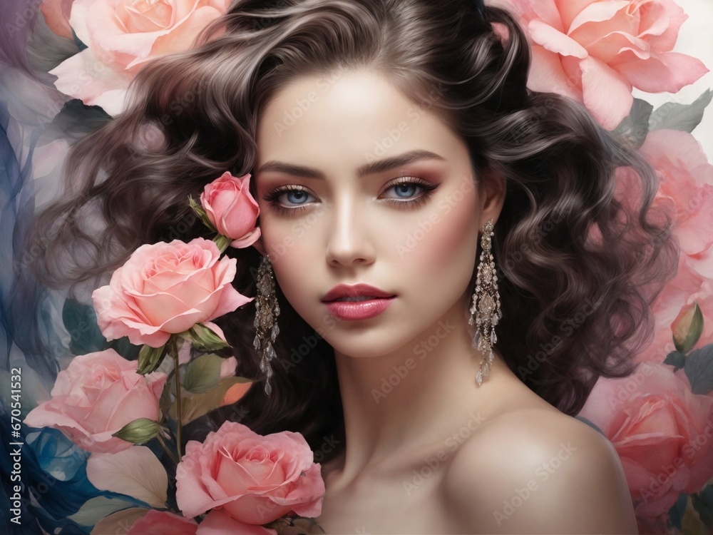 An enchanting digital avatar, adorned in a vogue gown hand-painted with vibrant watercolors and surrounded by delicate rose flowers