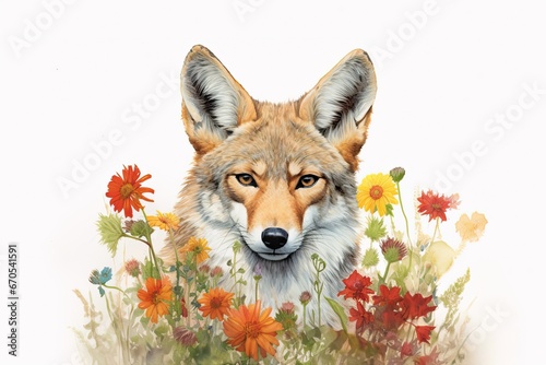 Cute portrait of a fox in bright wildflowers on a white background