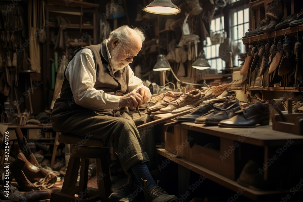 At the shoe repair shop, a skilled craftsman is meticulously creating men's shoes by hand