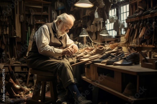 At the shoe repair shop, a skilled craftsman is meticulously creating men's shoes by hand
