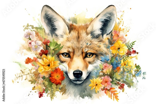 Cute portrait of a fox in colorful flowers