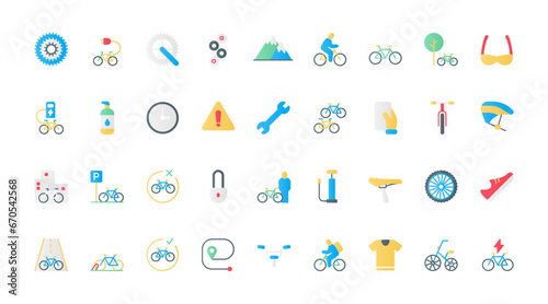 Cyclists gears and electric or mountain bike elements, mobile tracker for bicycle sharing and rental. Bike shop, repair service and rent flat icons set vector illustration.