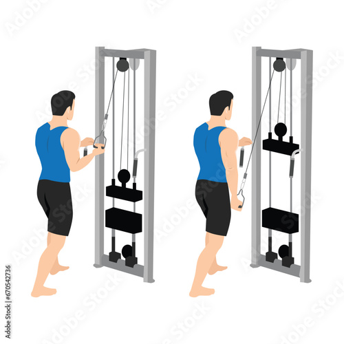 Man doing cable one arm reverse grip tricep pushdown exercise. Flat vector illustration isolated on white background